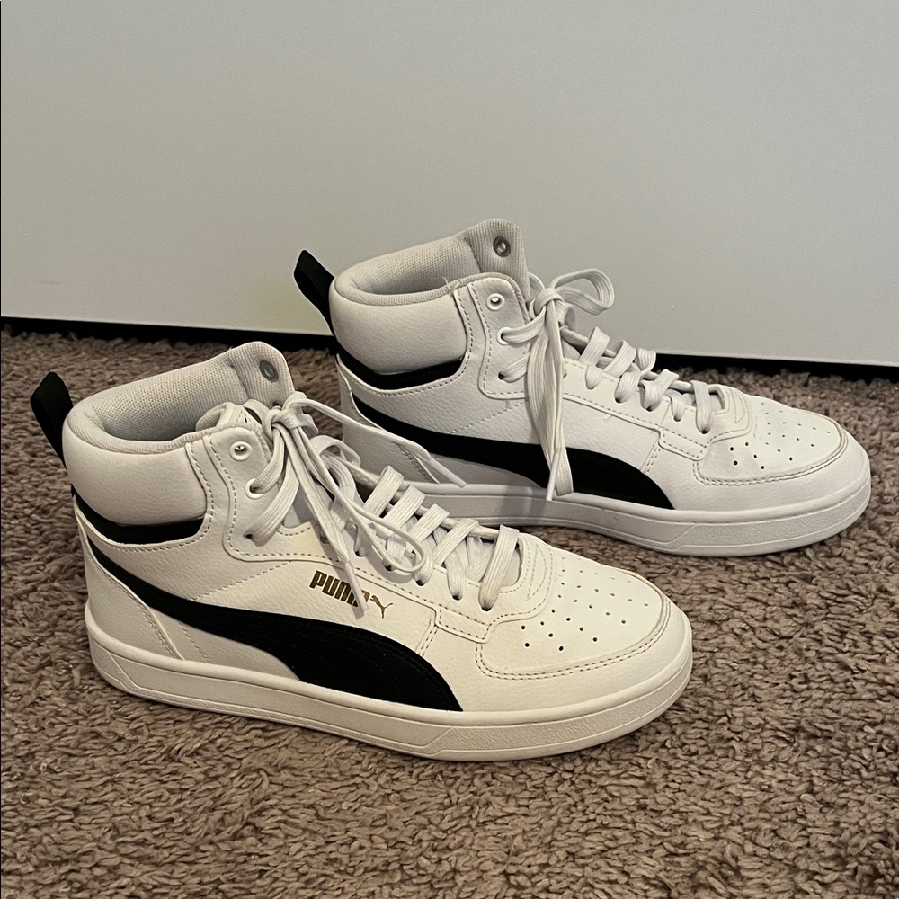 Puma Boys White and Black High-Top Sneakers with Gold Accent